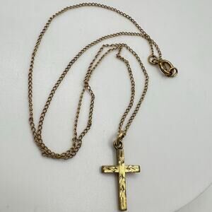 WEH vintage 1950s 14kt yellow gold filled etched cross pendant 13.5" necklace